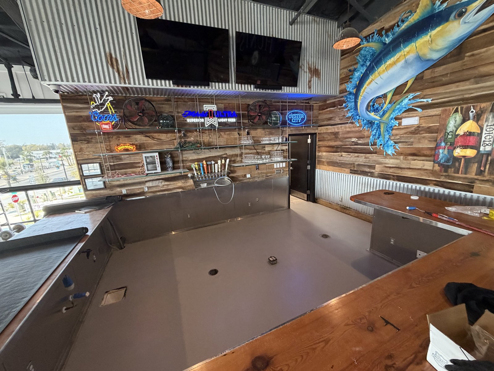 Bar and restaurant interior with epoxy service floor